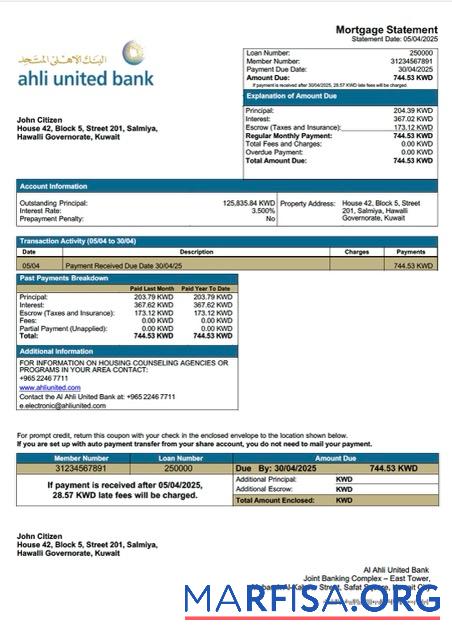 Bearbeitbar Kuwait Al Ahli United Bank Hypothek Kontoauszug Word and PDF Vorlage