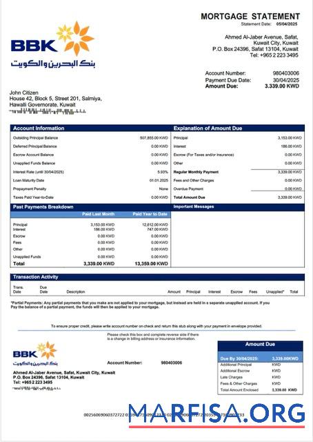 Hohe Qualität Kuwait Bank of Bahrain and Kuwait Hypothek Kontoauszug Word and PDF Vorlage
