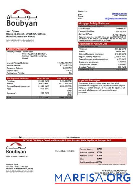 Professionell Kuwait Boubyan Bank Hypothek Kontoauszug Word and PDF Vorlage