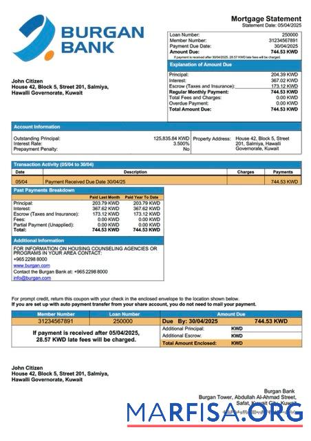 Realistisch Kuwait Burgan Bank Hypothek Kontoauszug Word and PDF Vorlage