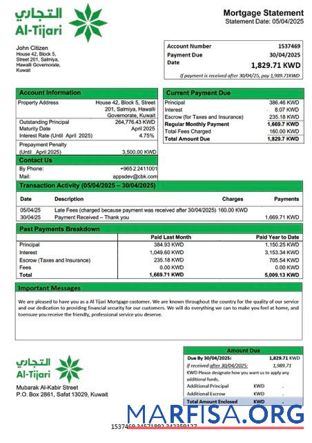 Professionell Kuwait Kommerziell Bank of Kuwait (Al Tijari) Hypothek Kontoauszug Word and PDF Vorlage