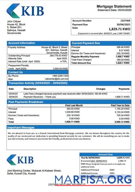 Hohe Qualität Kuwait International Bank Hypothek Kontoauszug Word and PDF Vorlage