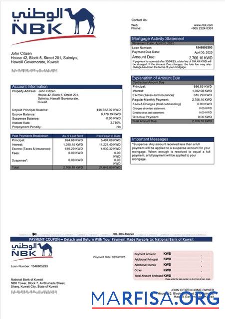 Bearbeitbar Kuwait┬áNational Bank of Kuwait Hypothek Kontoauszug Word and PDF Vorlage
