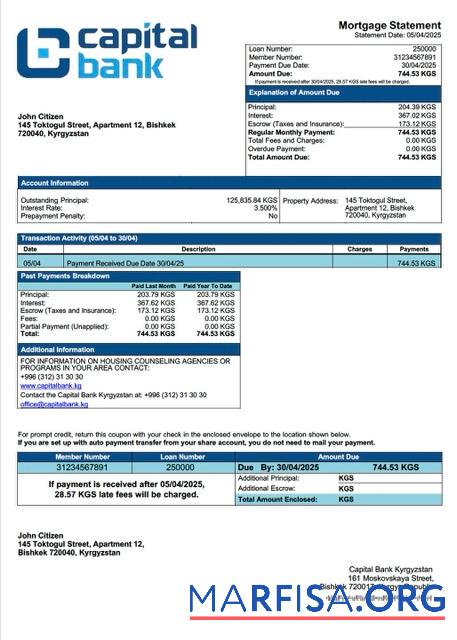 Hohe Qualität Kirgisistan Capital Bank Kirgisistan Hypothek Kontoauszug Word and PDF Vorlage