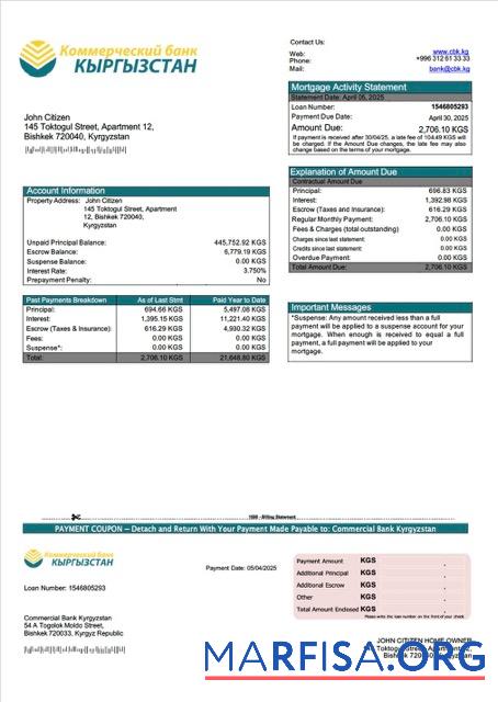 Realistisch Kirgisistan Kommerziell┬áBank Kirgisistan Hypothek Kontoauszug Word and PDF Vorlage