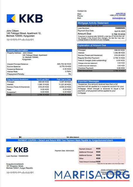 Bearbeitbar Kirgisistan Kyrgyzkommertsbank┬áHypothek Kontoauszug Word and PDF Vorlage