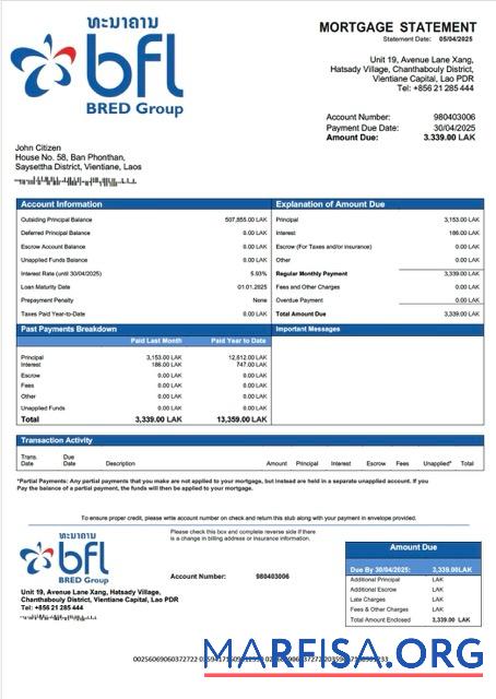 Realistisch Laos Banque Franco Lao Hypothek Kontoauszug Word and PDF Vorlage
