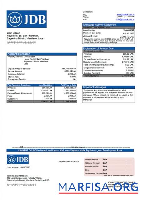 Realistisch Laos Joint Development Bank Hypothek Kontoauszug Word and PDF Vorlage