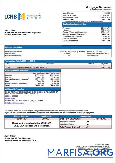 Premium Laos Lao China Bank Hypothek Kontoauszug Word and PDF Vorlage