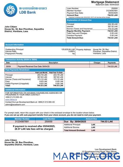 Hohe Qualität Laos Lao Development Bank Hypothek Kontoauszug Word and PDF Vorlage