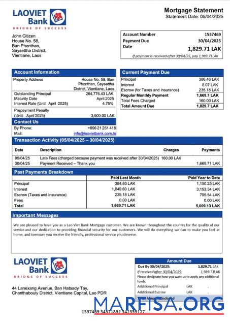 Hohe Qualität Laos Lao Viet Bank Hypothek Kontoauszug Word and PDF Vorlage