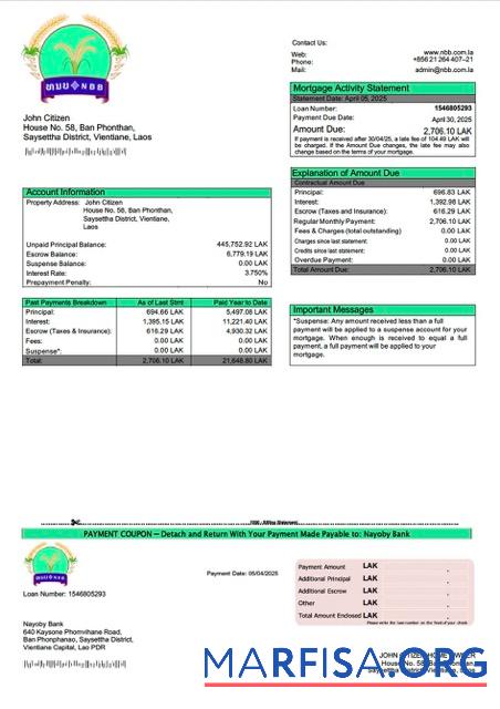Professionell Laos Nayoby Bank Hypothek Kontoauszug Word and PDF Vorlage