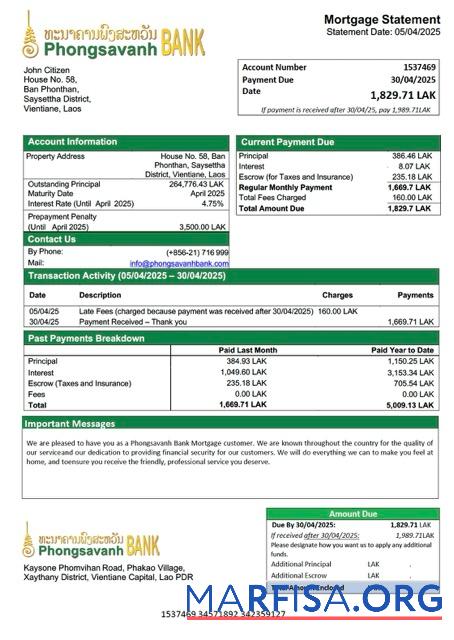 Realistisch Laos Phongsavanh Bank Hypothek Kontoauszug Word and PDF Vorlage