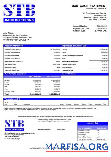 Premium Laos ST Bank Hypothek Kontoauszug Word and PDF Vorlage