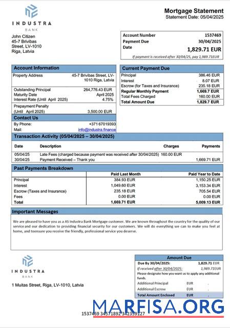 Premium Lettland AS Industra Bank┬áHypothek Kontoauszug Word and PDF Vorlage