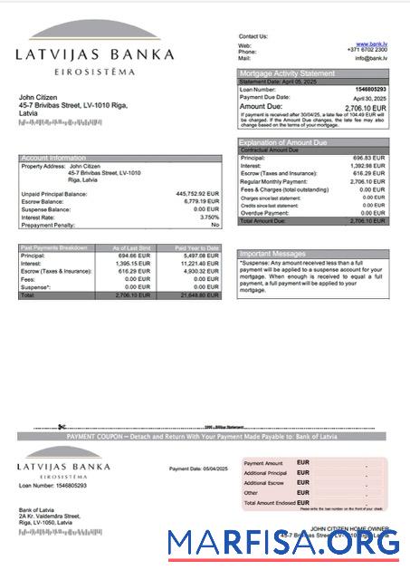 Professionell Lettland Bank of Lettland Hypothek Kontoauszug Word and PDF Vorlage