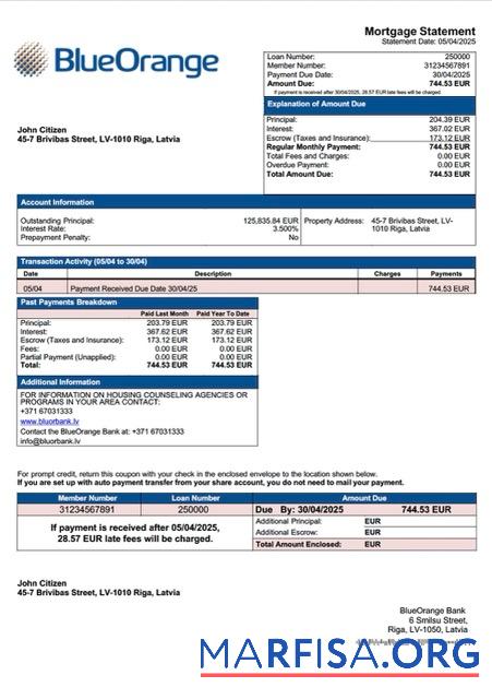 Hohe Qualität Lettland BlueOrange Bank Hypothek Kontoauszug Word and PDF Vorlage