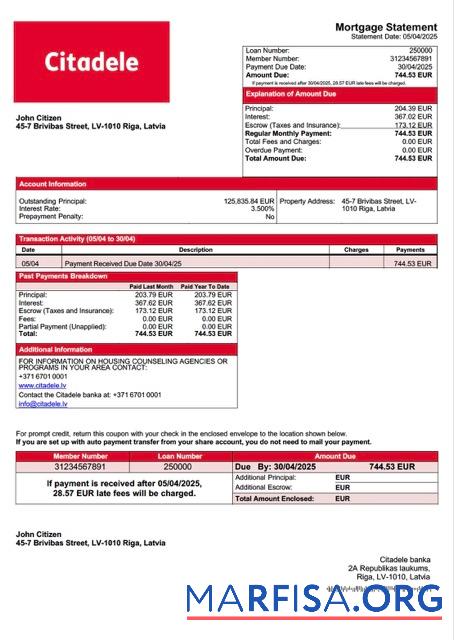 Premium Lettland Citadele banka Hypothek Kontoauszug Word and PDF Vorlage