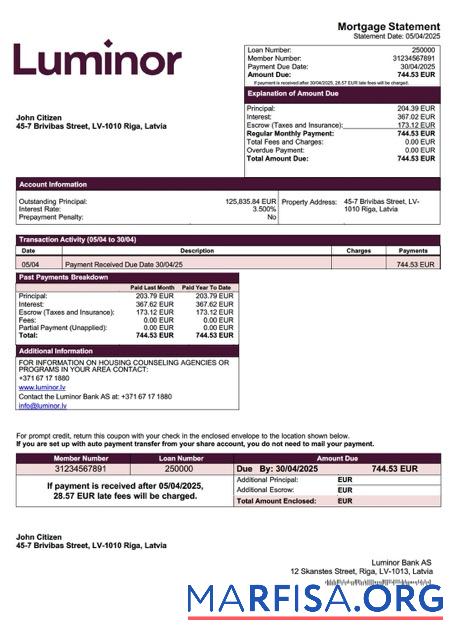 Hohe Qualität Lettland Luminor Bank AS┬áHypothek Kontoauszug Word and PDF Vorlage