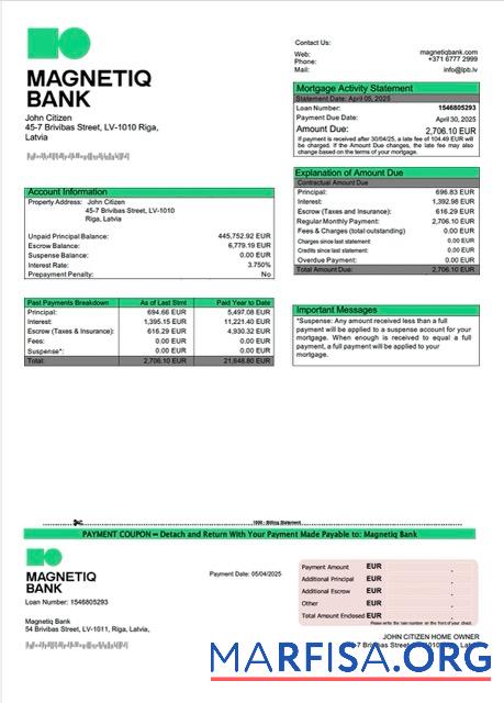 Realistisch Lettland Magnetiq Bank Hypothek Kontoauszug Word and PDF Vorlage