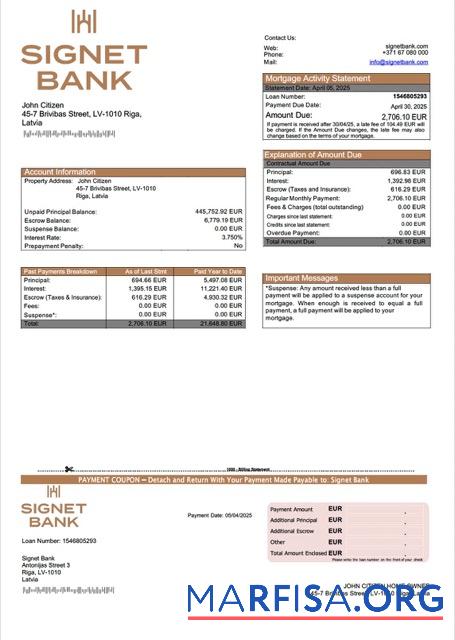 Premium Lettland Signet Bank┬áHypothek Kontoauszug Word and PDF Vorlage