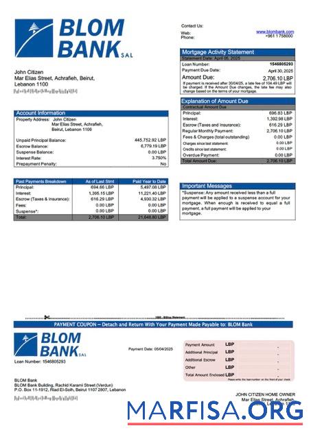 Realistisch Libanon BLOM Bank Hypothek Kontoauszug Word and PDF Vorlage