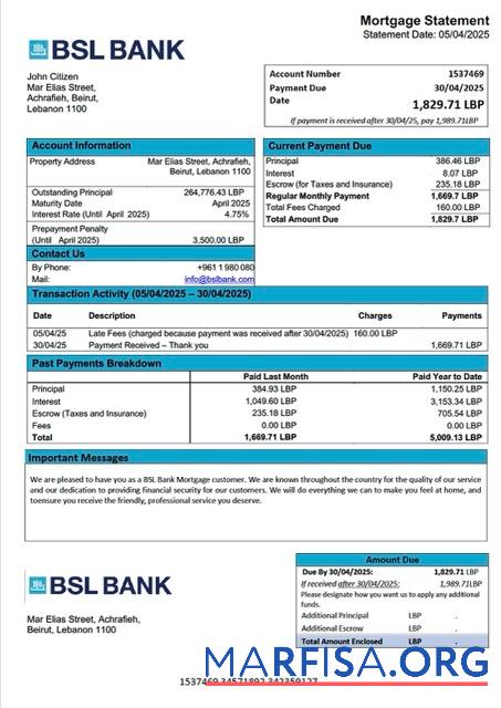 Premium Libanon BSL Bank Hypothek Kontoauszug Word and PDF Vorlage