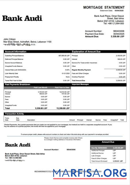 Bearbeitbar Libanon Bank Audi Hypothek Kontoauszug Word and PDF Vorlage