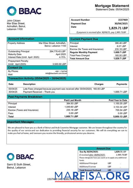 Premium Libanon Bank of Beirut and Arab Countries (BBAC) Hypothek Kontoauszug Word and PDF Vorlage