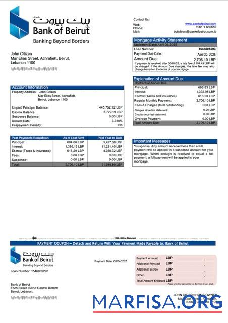 Hohe Qualität Libanon Bank of Beirut Hypothek Kontoauszug Word and PDF Vorlage
