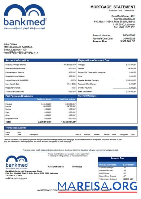 Bearbeitbar Libanon BankMed Hypothek Kontoauszug Word and PDF Vorlage
