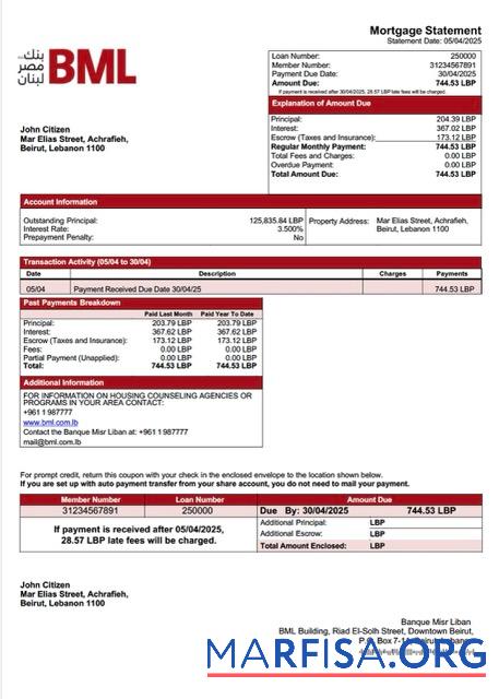 Realistisch Libanon Banque Misr Liban Hypothek Kontoauszug Word and PDF Vorlage
