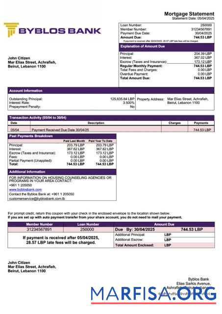 Realistisch Libanon Byblos Bank Hypothek Kontoauszug Word and PDF Vorlage