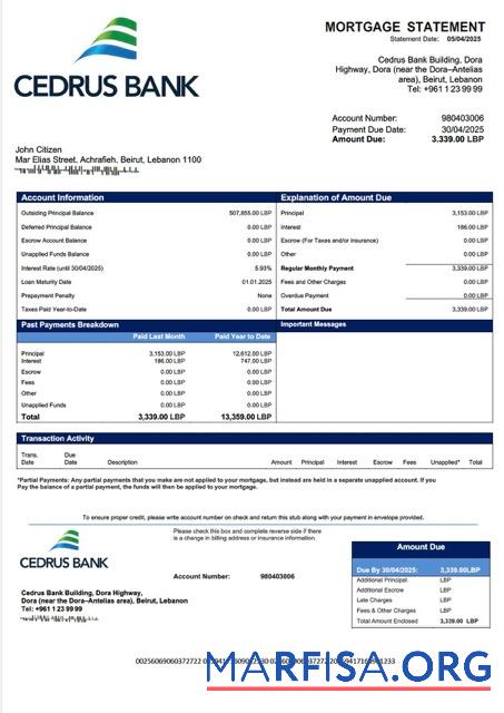 Professionell Libanon Cedrus Bank Hypothek Kontoauszug Word and PDF Vorlage