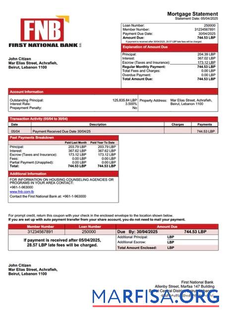 Realistisch Libanon First National Bank Hypothek Kontoauszug Word and PDF Vorlage