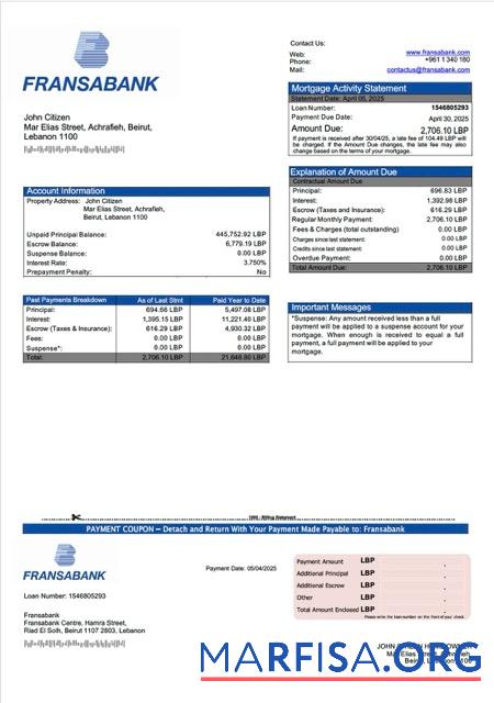 Hohe Qualität Libanon Fransabank┬áHypothek Kontoauszug Word and PDF Vorlage