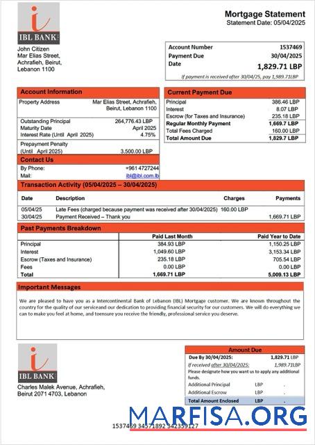 Professionell Libanon Intercontinental Bank of Libanon (IBL)┬áHypothek Kontoauszug Word and PDF Vorlage