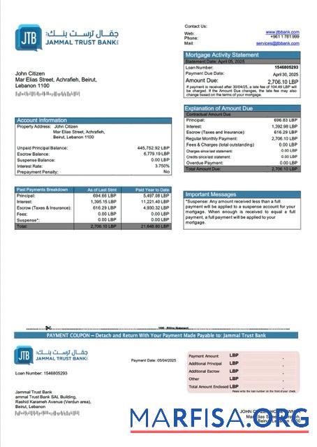 Premium Libanon Jammal Trust Bank Hypothek Kontoauszug Word and PDF Vorlage