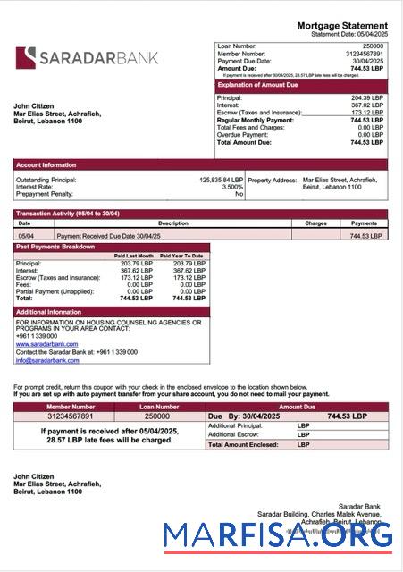Bearbeitbar Libanon Saradar Bank Hypothek Kontoauszug Word and PDF Vorlage