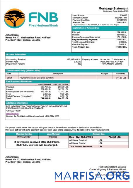 Hohe Qualität Lesotho First National Bank Lesotho Hypothek Kontoauszug Word and PDF Vorlage