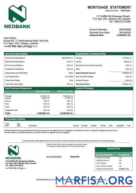 Hohe Qualität Lesotho Nedbank Lesotho Hypothek Kontoauszug Word and PDF Vorlage