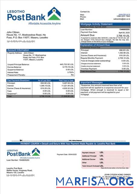 Professionell Lesotho Post Bank Hypothek Kontoauszug Word and PDF Vorlage