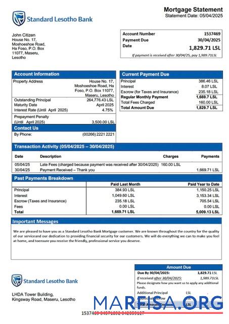 Bearbeitbar Lesotho Standard Lesotho Bank Hypothek Kontoauszug Word and PDF Vorlage