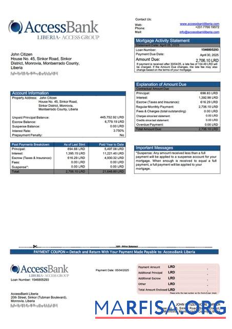 Bearbeitbar Liberia AccessBank Liberia Hypothek Kontoauszug Word and PDF Vorlage
