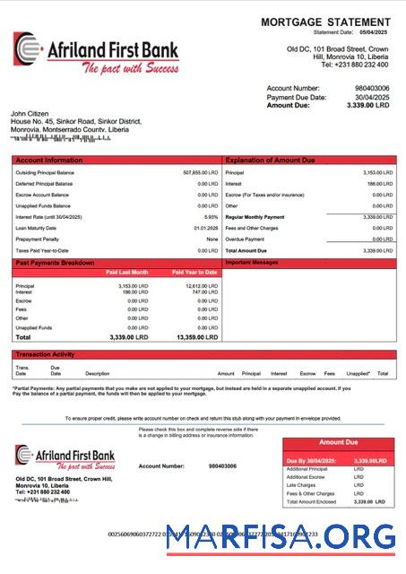 Professionell Liberia Afriland First Bank Liberia Hypothek Kontoauszug Word and PDF Vorlage