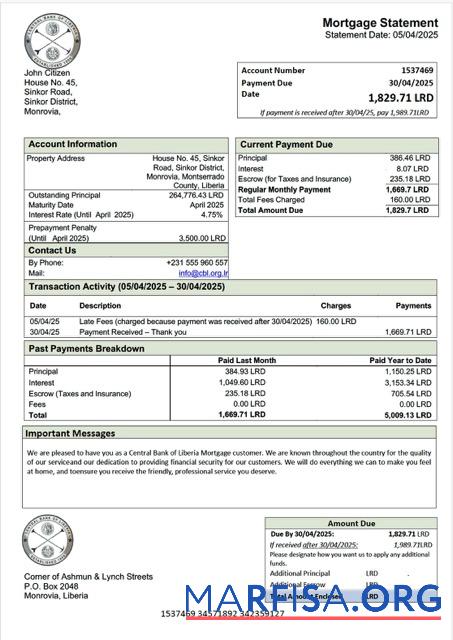 Bearbeitbar Liberia Central Bank of Liberia Hypothek Kontoauszug Word and PDF Vorlage