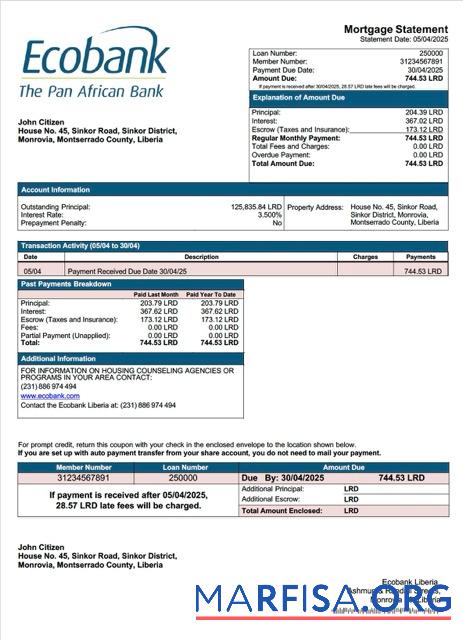 Realistisch Liberia Ecobank Liberia Hypothek Kontoauszug Word and PDF Vorlage