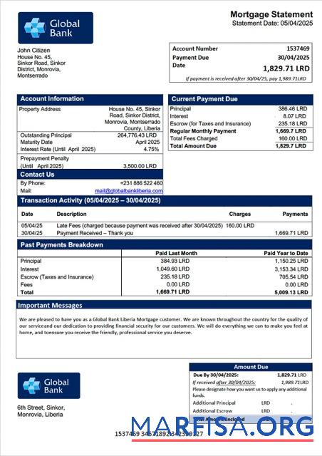 Bearbeitbar Liberia Global Bank Liberia Hypothek Kontoauszug Word and PDF Vorlage
