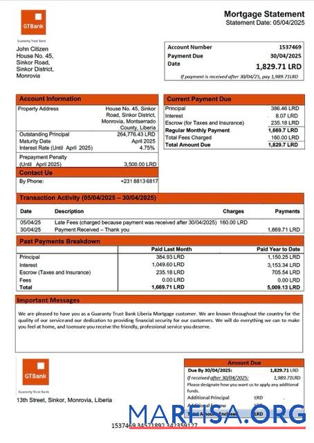 Bearbeitbar Liberia Guaranty Trust Bank Liberia Hypothek Kontoauszug Word and PDF Vorlage