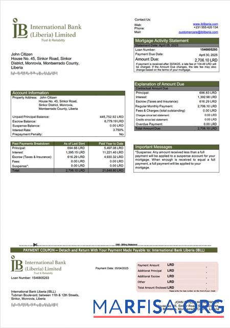 Hohe Qualität Liberia International Bank Liberia (IBLL) Hypothek Kontoauszug Word and PDF Vorlage